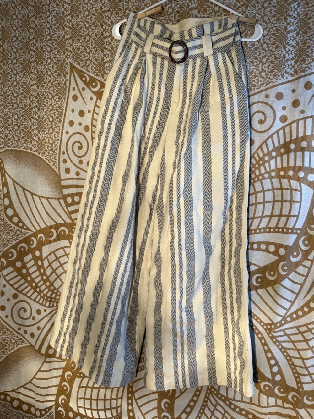 Free People High-Waist Wide Leg Striped Pants — Cream & Blue Grey